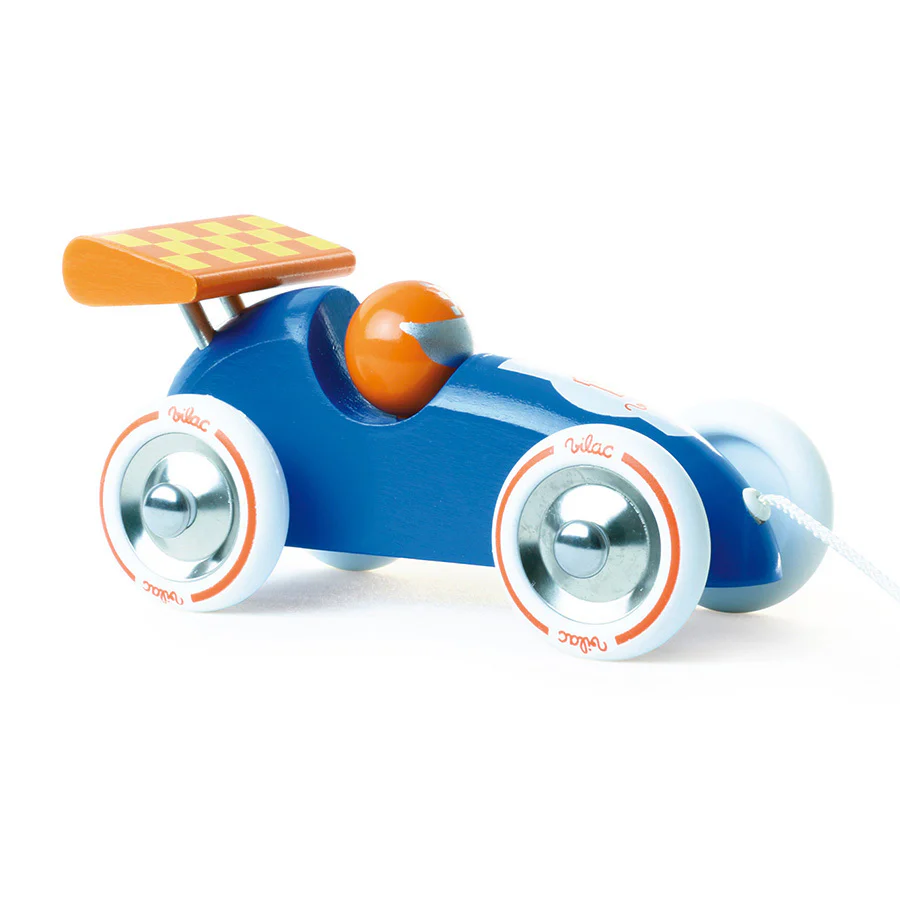 VOITURE DE COURSE À TIRER BLEUE ET ORANGE EN BOIS MASSIF LAQUÉ